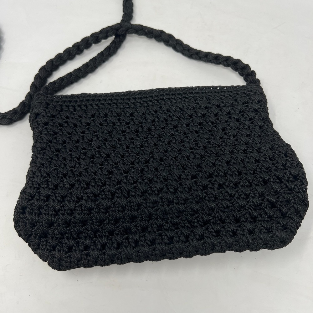 Lina Black Crochet Zip Top Crossbody Bag Purse With Braided Strap - Picture 4 of 9
